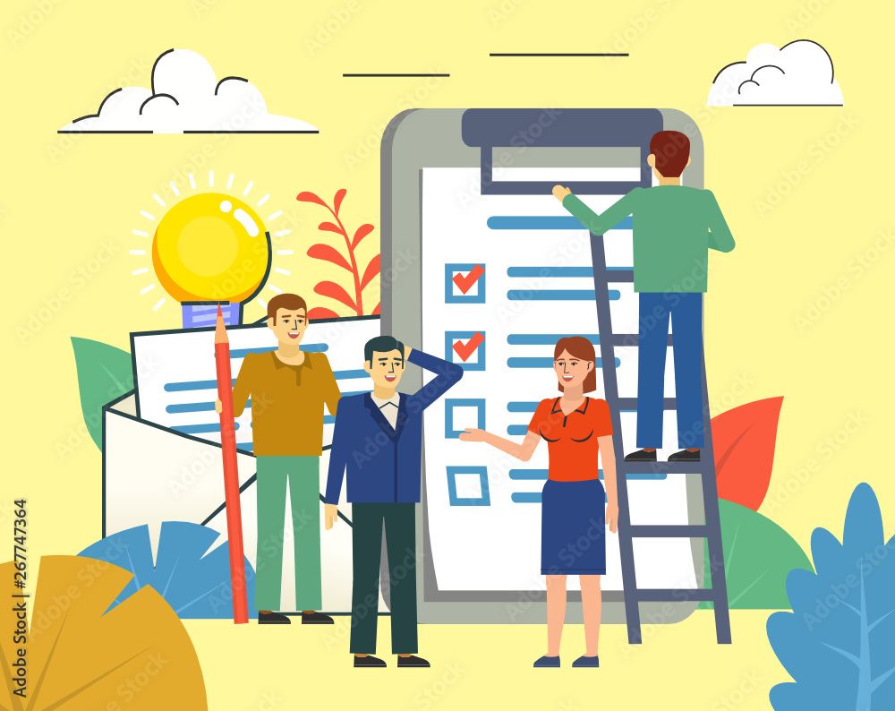 Tasks planning, to-do list, time management. People stand near big document, mail, letter. Poster for social media, web page, banner, presentation. Flat design vector illustration Tasks planning, to-do list, time management. People stand near big document, mail, letter. Poster for social media, web page, banner, presentation. Flat design vector illustration