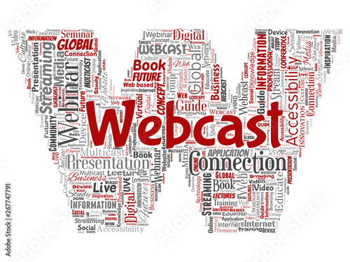 Vector conceptual webcast or webinar letter font red communication online network education word cloud isolated background. Collage of future presentation seminar, multicast global streaming concept