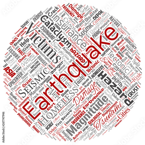 Vector conceptual earthquake activity round circle red word cloud isolated background. Collage of natural seismic tectonic crust tremble, violent tsunami waves risk, tectonic plates shifting concept