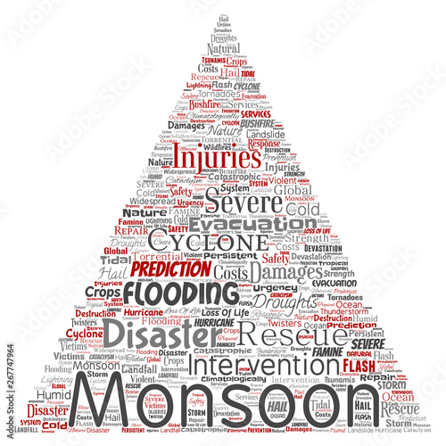 Vector conceptual monsoon dangerous weather triangle arrow meteorology word cloud isolated background. Collage of tropical dramatic storm force, strong wind blowing, rain hail thunderstorm concept