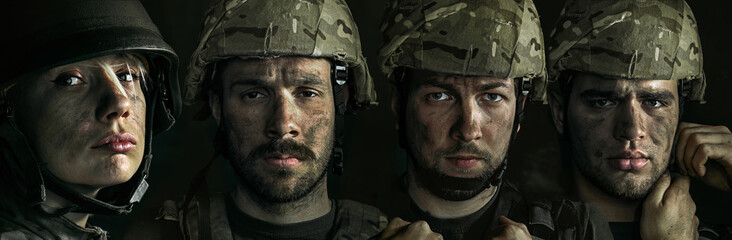 Portrait of young male and female soldier. Men and woman in military uniform on the war. Depressed and having problems with mental health and emotions, PTSD, rehabilitation. Creative collage.