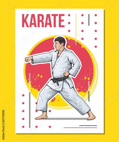 Vector illustration of man practicing karate, martial arts, fitness, training. Bright, colorful sport poster. Healthy lifestyle concept