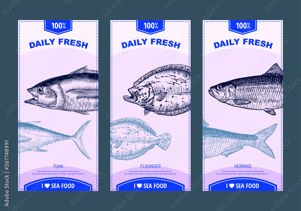 Sea food banners set. Hand drawn sea animals. Template for your design ...