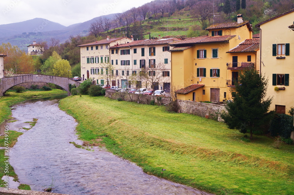 The torrent Comano in the village of Dicomano, Tuscany, Italy