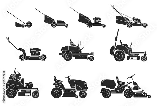 Various types of lawn mowers isolated on white background. Mowed grass. Vector illustration of gardening grass-cutter. photo