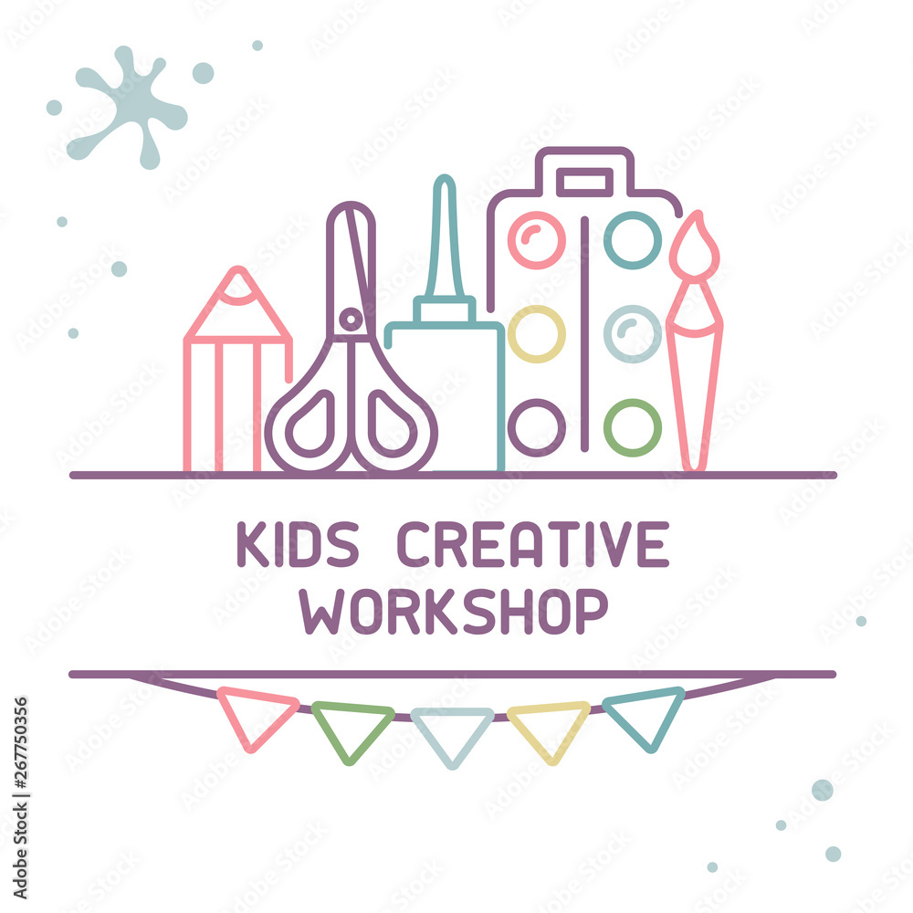Concept of creative workshop for children logo. Linear style vector illustration. Suitable for advertisement or placard decor Concept of creative workshop for children logo. Linear style vector illustration. Suitable for advertisement or placard decor
