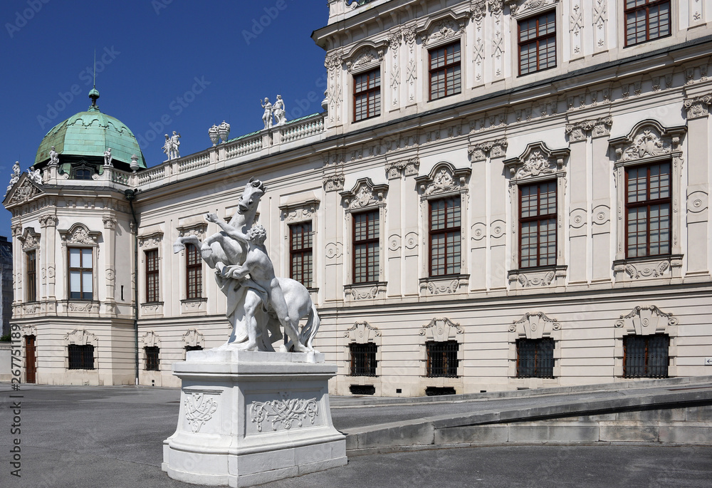 statue and Belvedere Palace in Vienna Austria