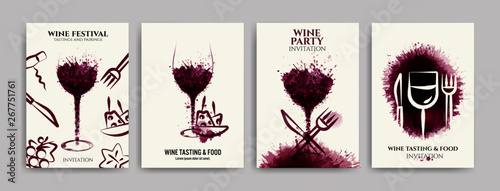 Collection of templates with wine designs, illustration of wine glasses with spots and food symbols. Brochures, posters, invitations, promotional banners, menus. Vector illustration