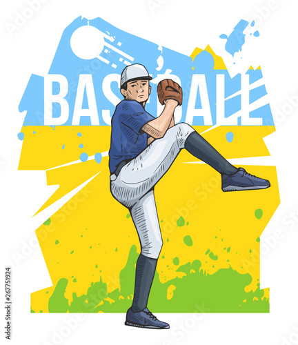 Baseball poster, placard. Vector illustration of a baseball player ready to throw ball. Beautiful sport themed poster. Abstract background, summer sports, team game