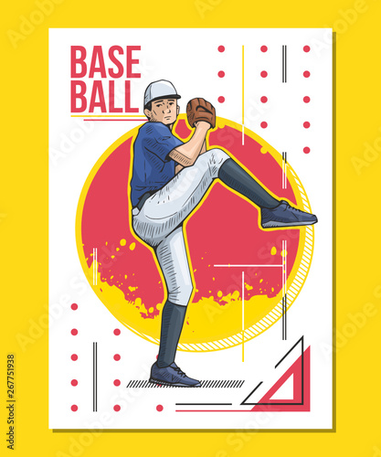 Baseball poster, placard. Vector illustration of a baseball player ready to throw ball. Beautiful sport themed poster. Abstract background, summer sports, team game