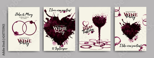 Collection of wine designs for wedding parties, bridal shower party, celebrations. shapes of hearts and rings with wine stains. Invitations, cards, web banners. Vector illustration