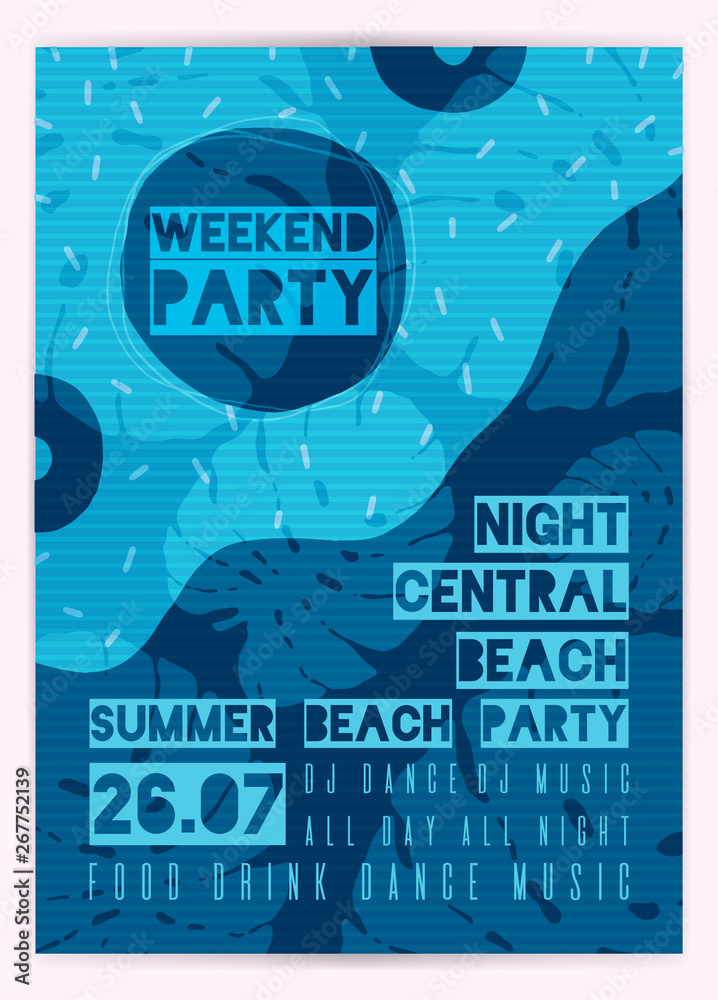 Naklejka Plakat na letnią imprezę. Weekend na plaży, wakacyjny układ. Projekt typografii. Baner, ulotka, zaproszenie.