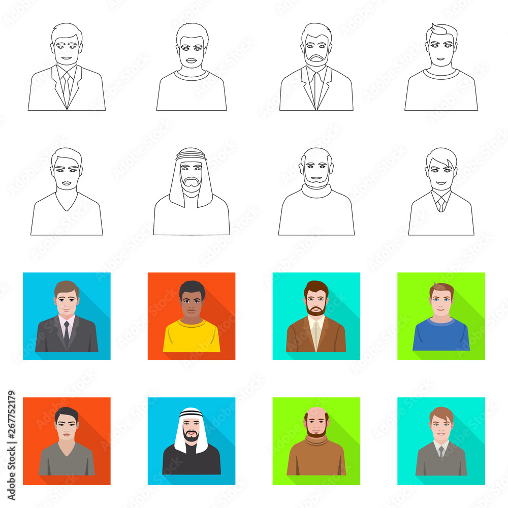 Vector illustration of hairstyle and profession sign. Collection of hairstyle and character stock symbol for web. Vector illustration of hairstyle and profession sign. Collection of hairstyle and character stock symbol for web.