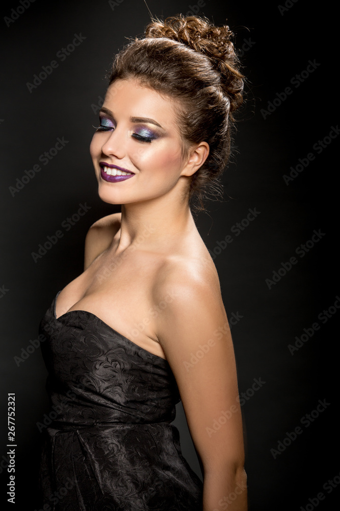 High fashon portrait of a beautiful woman, makeup, smile, sexy party look High fashon portrait of a beautiful woman, makeup, smile, sexy party look