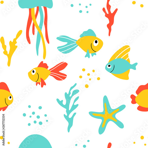 vector sea wildlife fish star jellyfish  cute seamless pattern on white
