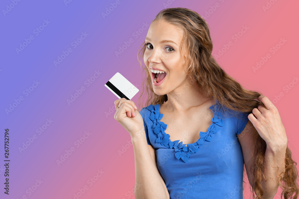 beautiful young smiling woman holding credit card beautiful young smiling woman holding credit card