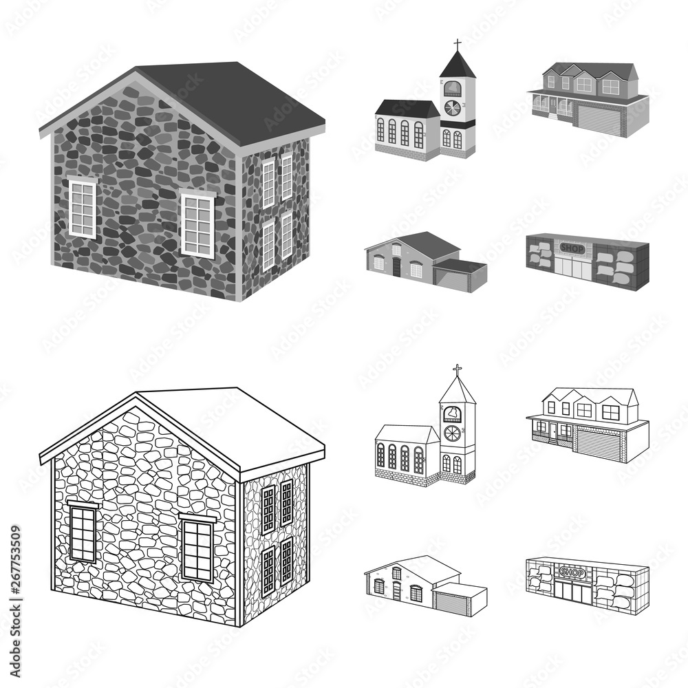 Isolated object of facade and housing symbol. Set of facade and infrastructure vector icon for stock. Isolated object of facade and housing symbol. Set of facade and infrastructure vector icon for stock.