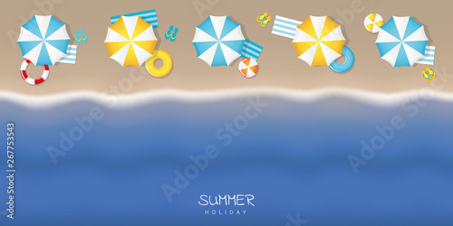 summer holiday on tourist beach with umbrella swim ring and flip flop vector illustration EPS10
