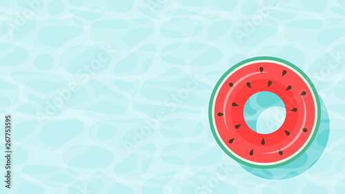 floats summer pool party invitation template vector illustration. summer time background with pool blue water and swimming ring watermelon . rubber ring floating on water. aqua textured background