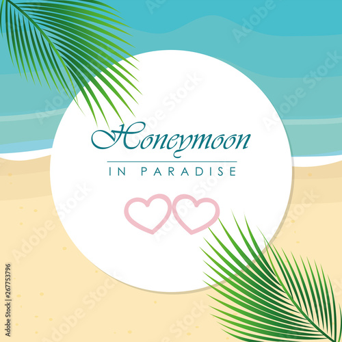 honeymoon in paradise design on the beach with palm leaf vector illustration EPS10