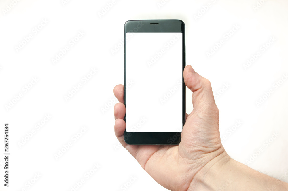 Hand holding a blank screen smartphone on white background Hand holding a blank screen smartphone on white background