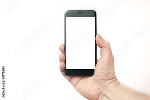 Hand holding a blank screen smartphone on white background