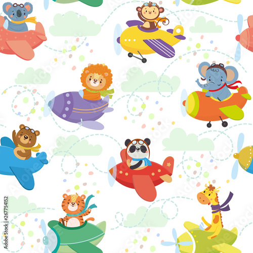 Seamless pattern with cute animal on planes in sky. Funny pilots. Giraffe, bear, tiger, elephant, monkey, lion, panda, koala. Vector illustration