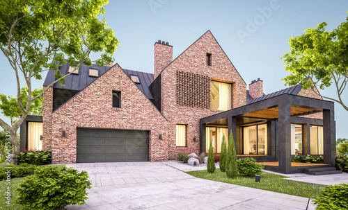 3d rendering of modern cozy clinker house on the ponds with garage and pool for sale or rent with beautiful landscaping on background. Clear summer evening with cozy light from window photo