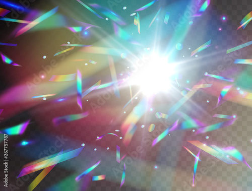 Holographic falling confetti glitters isolated on transparent background. Rainbow iridescent overlay texture. Vector festive foil hologram tinsel with bokeh light effect and glare flash.