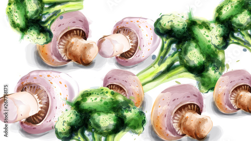 Vegetables watercolor Vector background. Mushrooms, corn and brocoli green ec...