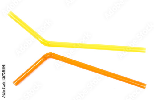 Colorful drinking straws isolated on white background, top view