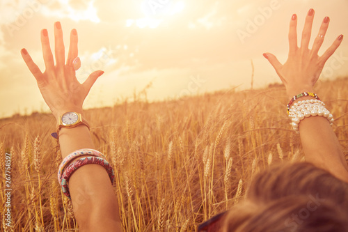 Hands of young woman in a wheat field.