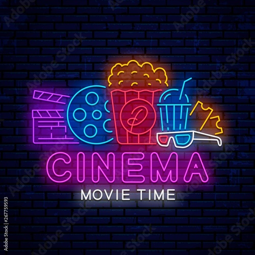 Neon logo, emblem, sign for cinema. Bright signboard for cinema. Modern neon design for advertising, posters, banners, signs.