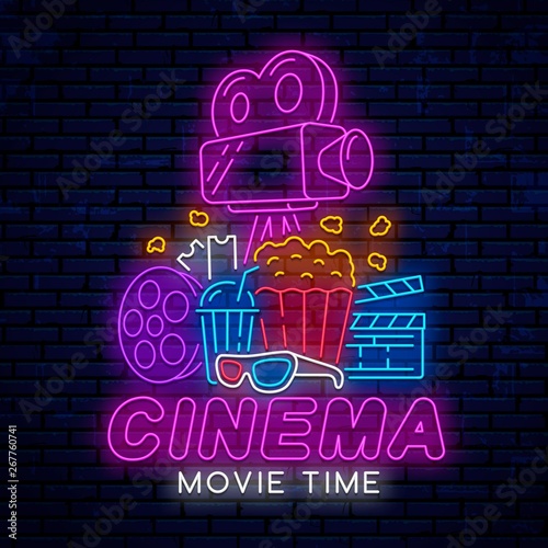 Ready neon signboard for cinema. Bright modern design for advertising, posters and more. Logo, emblem, sign, icon in neon style for cinema. Movie logo.