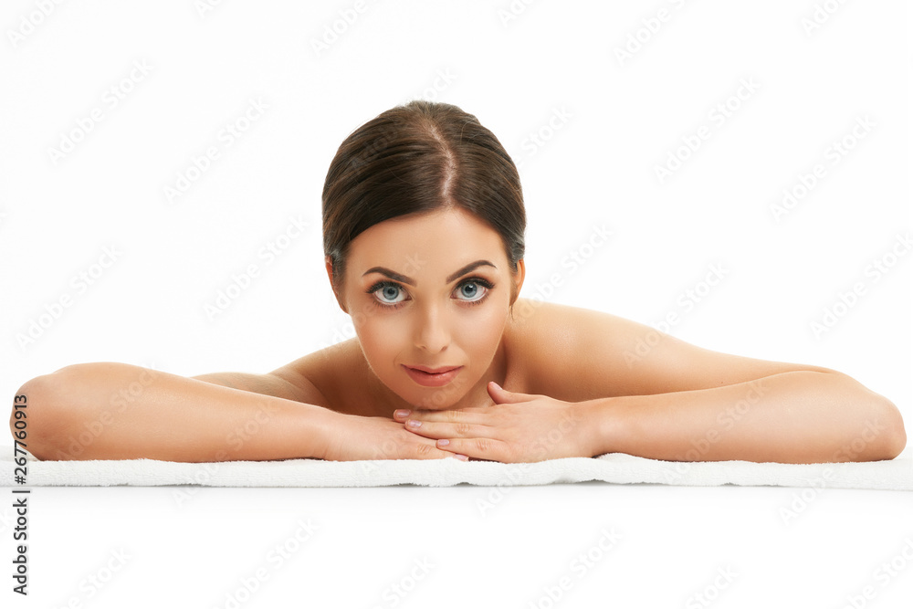 Beautiful woman face close up studio on white Beautiful woman face close up studio on white