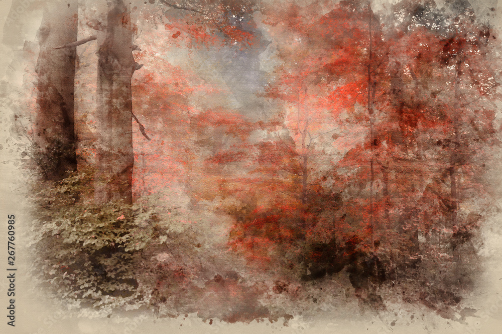 Watercolour painting of Beautiful surreal alternate color fantasy Autumn Fall forest landscape conceptual image