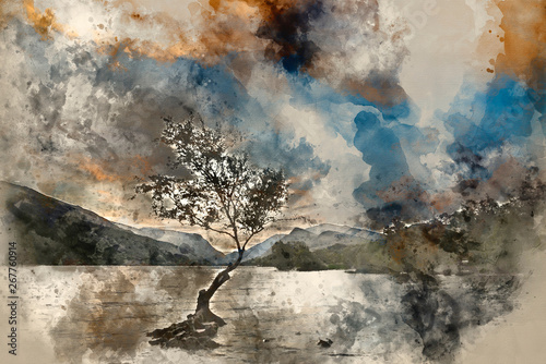 Watercolour painting of Beautiful landscape image of Llyn Padarn at sunrise in Autumn in Snowfonia National Park
