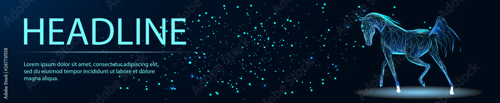 Horse racing composed of polygons. Polygonal wireframe Vector, Banner. Abstract image of a starry sky or space, consisting of points, lines, n the form of stars and the universe. Low poly vector