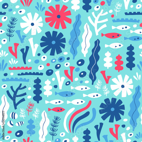 Sea life seamless pattern with fish and water plant. Vector illustration. Kid design.