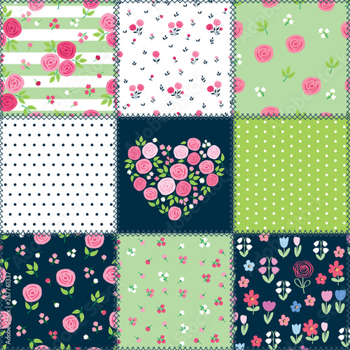 Summer patchwork background with different flowers patterns for textile, gift wrap and scrapbook. Vector illustration.