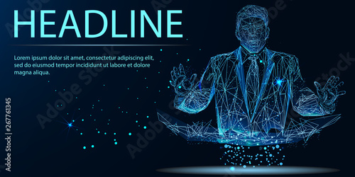 business man. Banner. Abstract image of a starry sky or space, consisting of points, lines, n the form of stars and the universe. Low poly vector