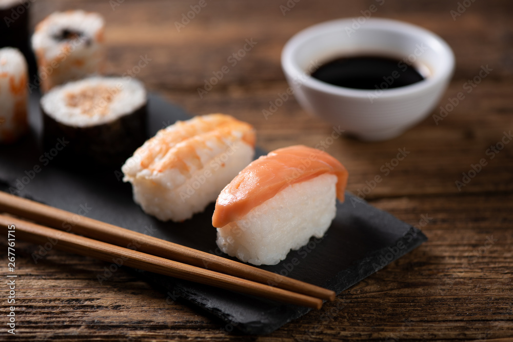 Traditional Japanese sushi on a plate Traditional Japanese sushi on a plate
