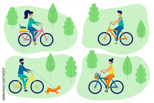 People ride bicycles in the park. Healthy lifestyle. Women and men with pets. Vector flat illustration.