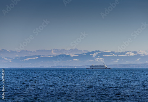 Ferry on Lake Constance in Front of Snowy Mountains