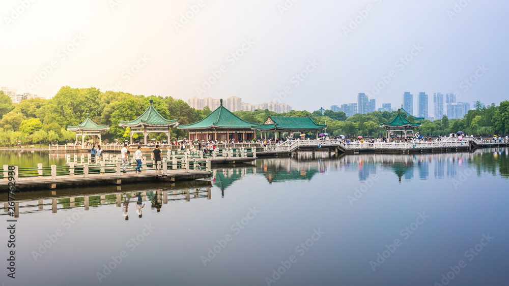 Wuhan Donghu east lake view with Chinese pavilion in Wuhan Hubei China