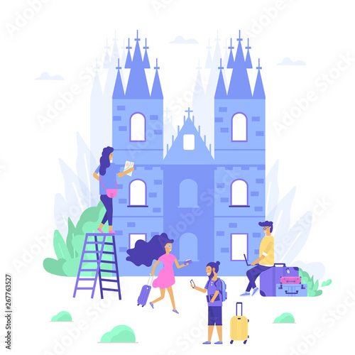 Young people with laptop, bag and baggage. Travel and tourism concept for website template, online booking reservation