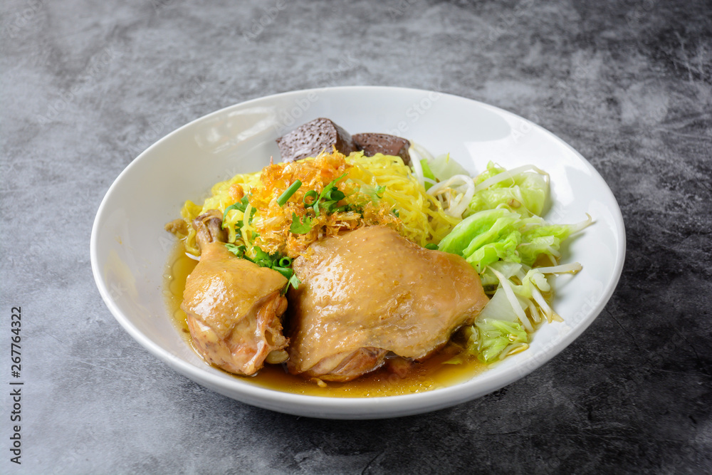 Dish with fresh homemade chicken soup, noodles and vegetables