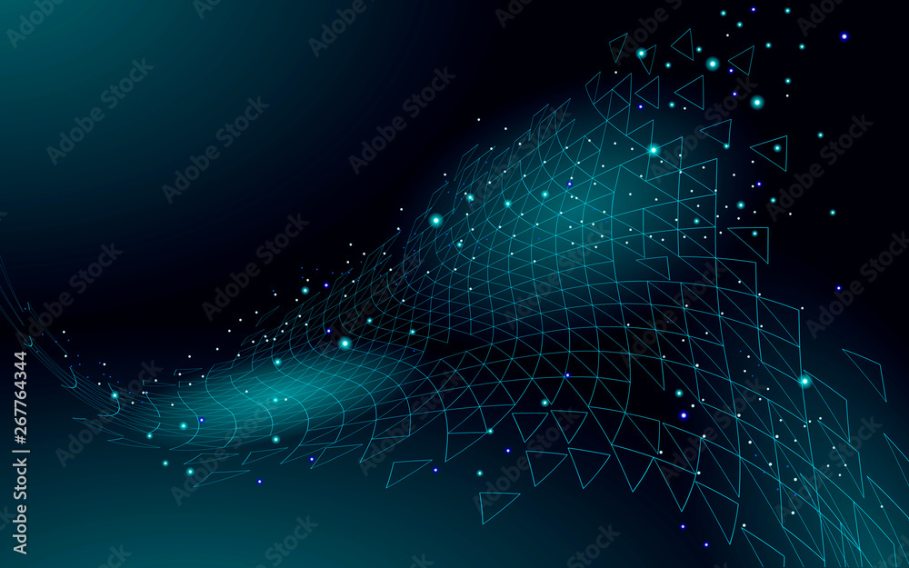 Obraz premium Low poly 3D dark space polygonal. Innovative polymer structure. Universe triangle sacred geometry. Data technology abstract science fiction. Digital landscape vector illustration