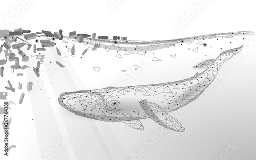 Low poly 3D whale plastic ocean pollution swimming undersea. Water surface white wave garbage. Save help survive humpback whale marine wild life. Triangle polygonal vector illustration