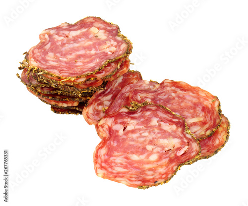 Saucisson Sec French seasoned pork salami meat slices isolated on a white background